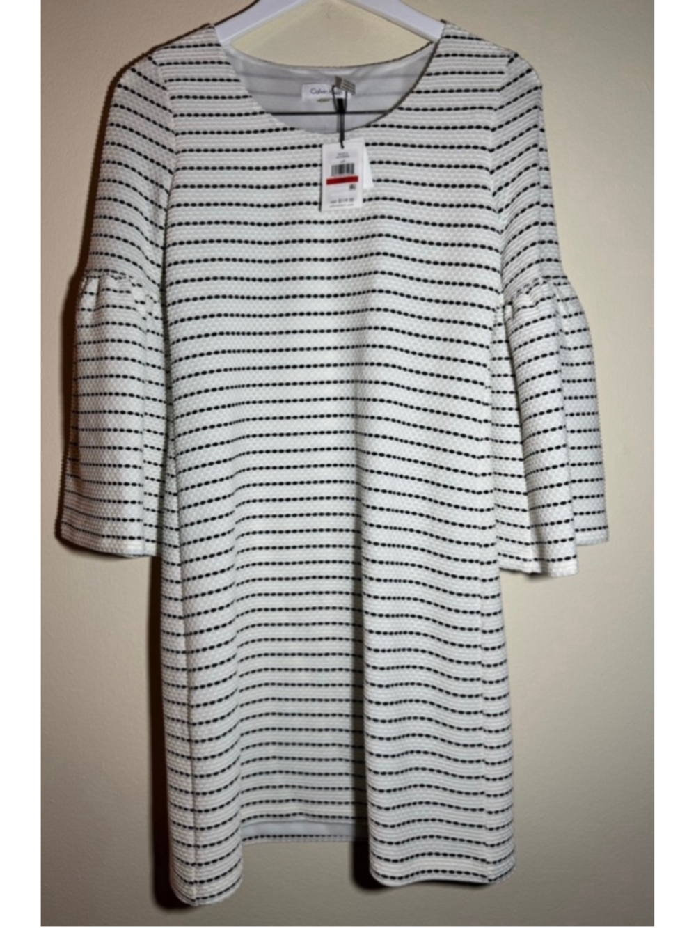 Calvin Klein Dress Size 6 White Black Striped Bell Sleeve